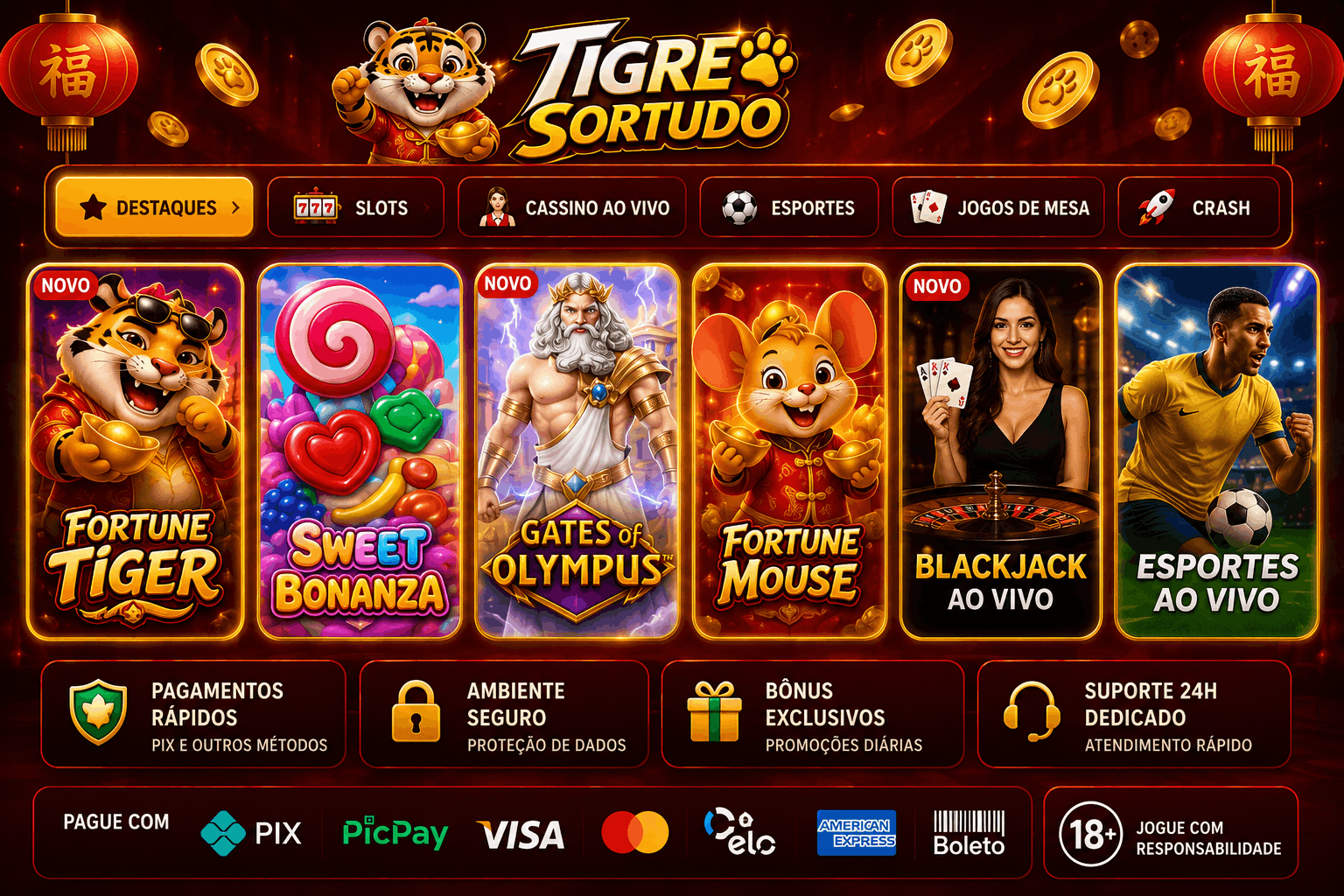Vitrine de jogos do Tigre Sortudo com op&ccedil;&otilde;es de apostas esportivas, cassino online e jogos dispon&iacute;veis